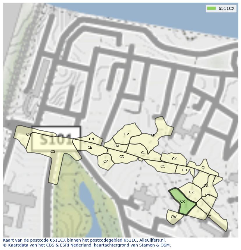 Afbeelding van het postcodegebied 6511 CX op de kaart.