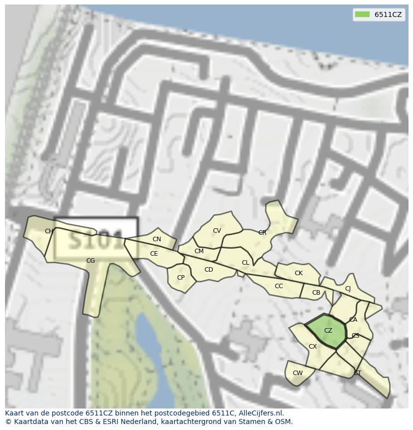 Afbeelding van het postcodegebied 6511 CZ op de kaart.