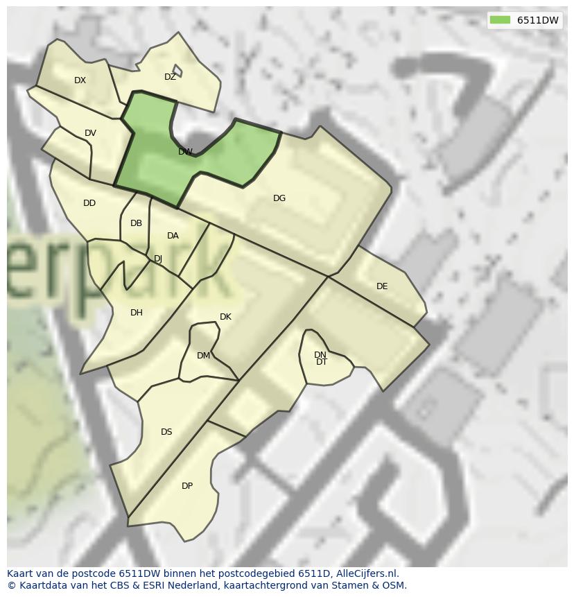 Afbeelding van het postcodegebied 6511 DW op de kaart.