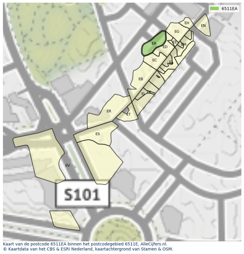 Afbeelding van het postcodegebied 6511 EA op de kaart.