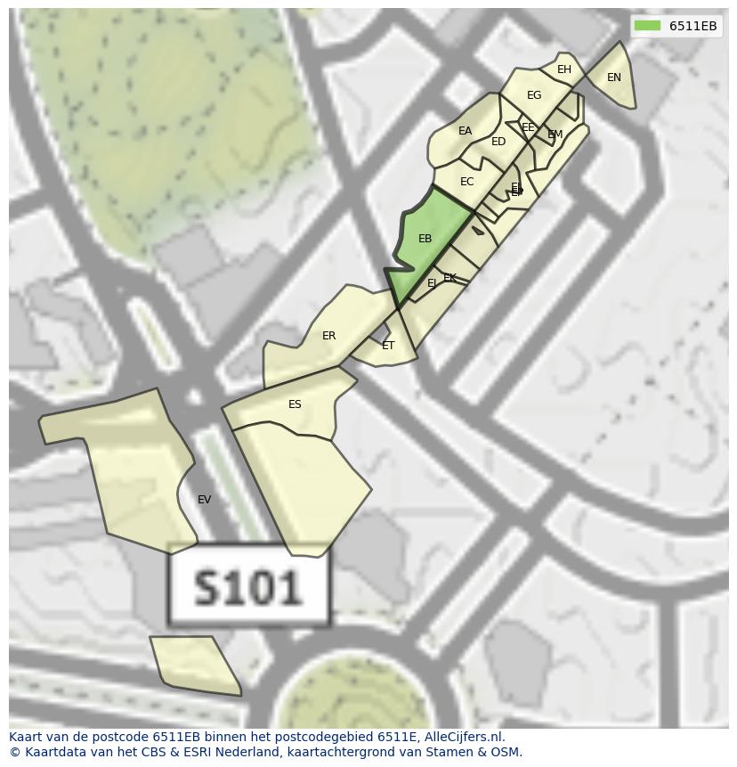 Afbeelding van het postcodegebied 6511 EB op de kaart.