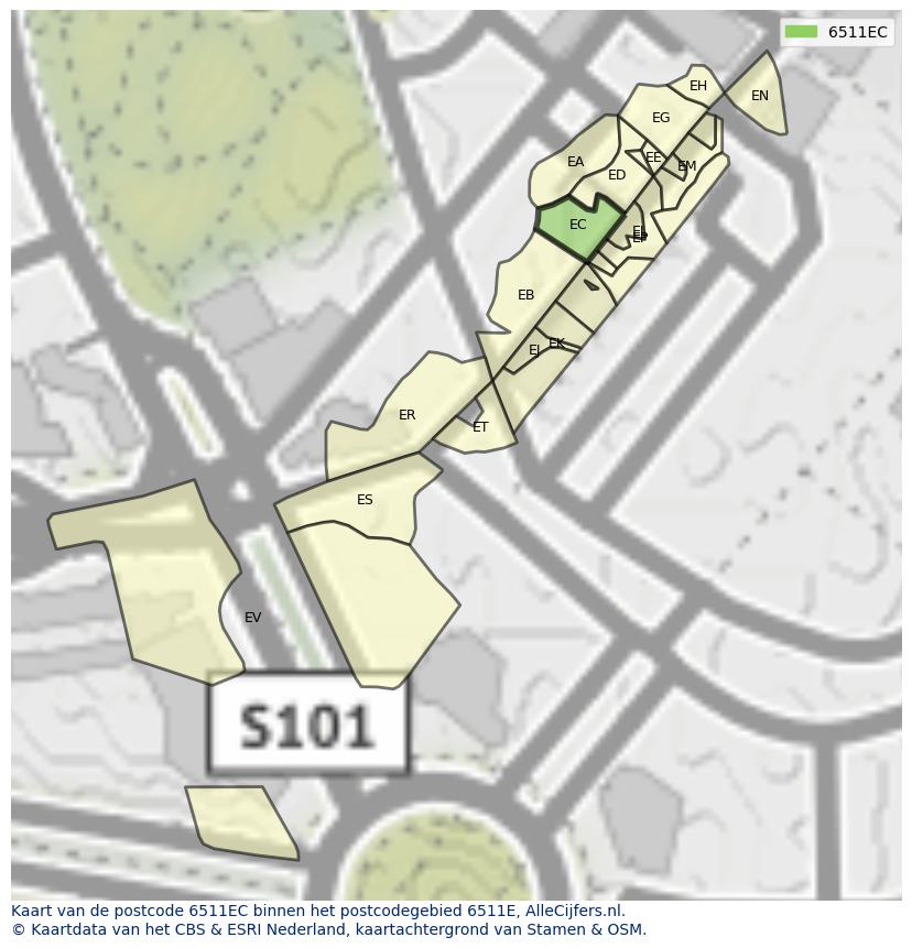 Afbeelding van het postcodegebied 6511 EC op de kaart.