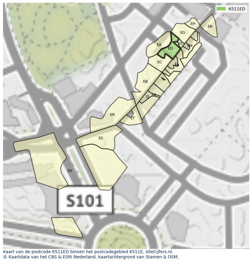 Afbeelding van het postcodegebied 6511 ED op de kaart.
