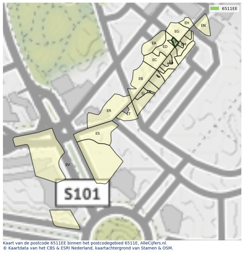 Afbeelding van het postcodegebied 6511 EE op de kaart.