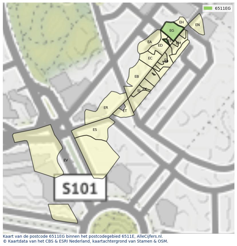 Afbeelding van het postcodegebied 6511 EG op de kaart.