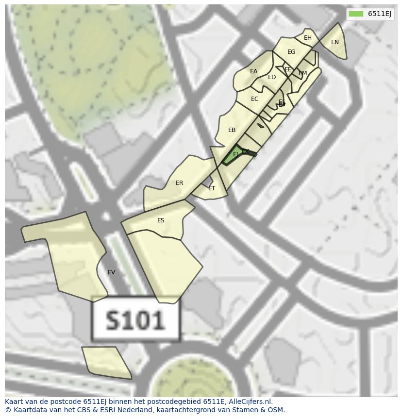 Afbeelding van het postcodegebied 6511 EJ op de kaart.
