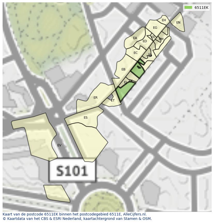 Afbeelding van het postcodegebied 6511 EK op de kaart.
