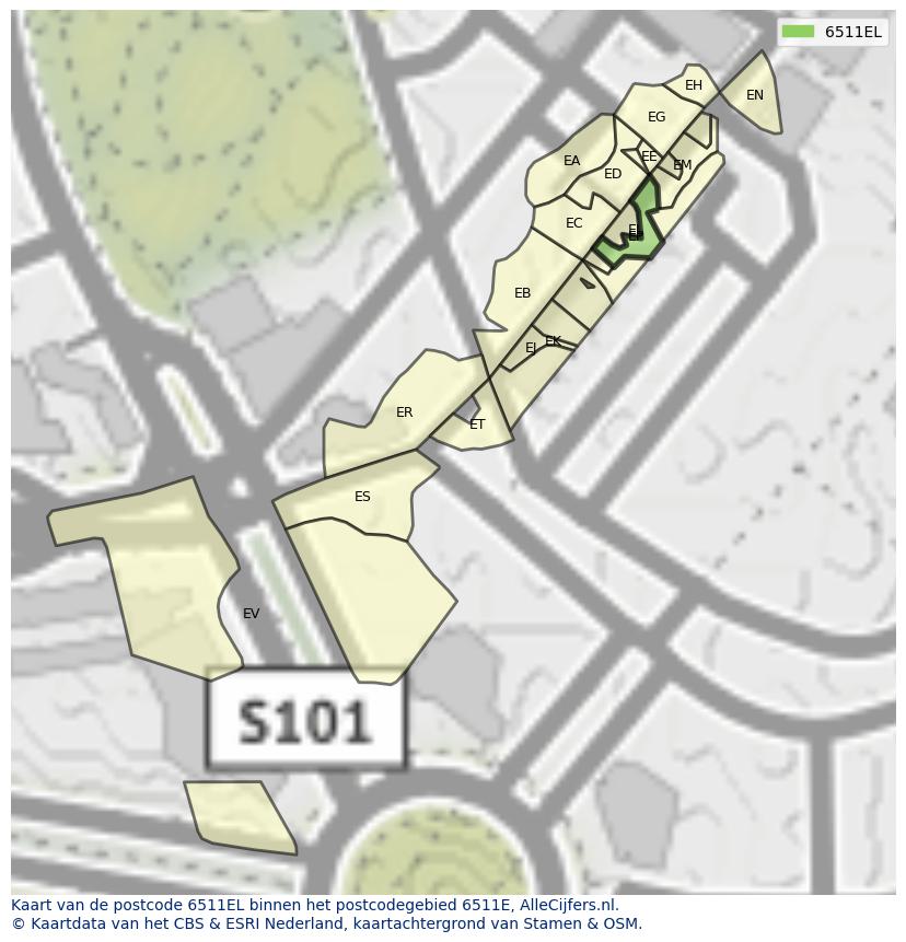 Afbeelding van het postcodegebied 6511 EL op de kaart.