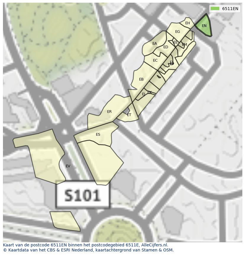 Afbeelding van het postcodegebied 6511 EN op de kaart.