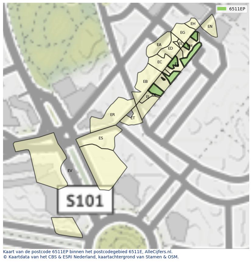 Afbeelding van het postcodegebied 6511 EP op de kaart.