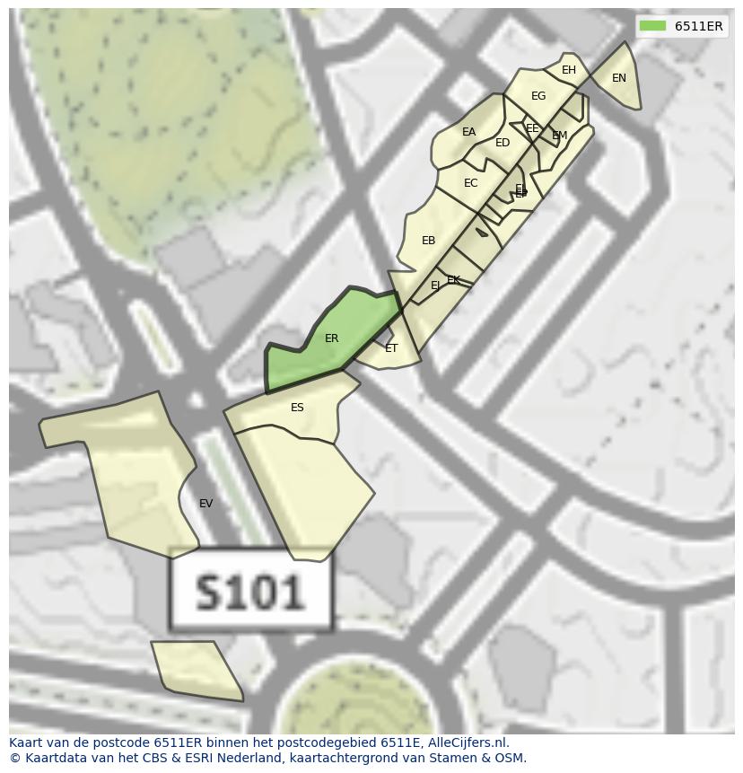 Afbeelding van het postcodegebied 6511 ER op de kaart.