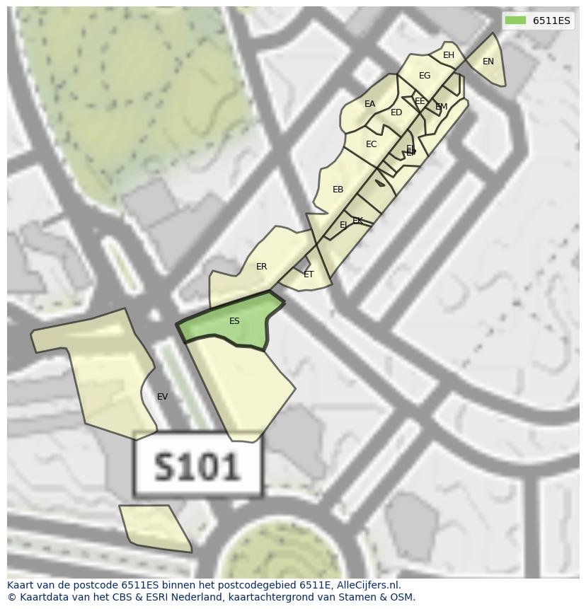 Afbeelding van het postcodegebied 6511 ES op de kaart.