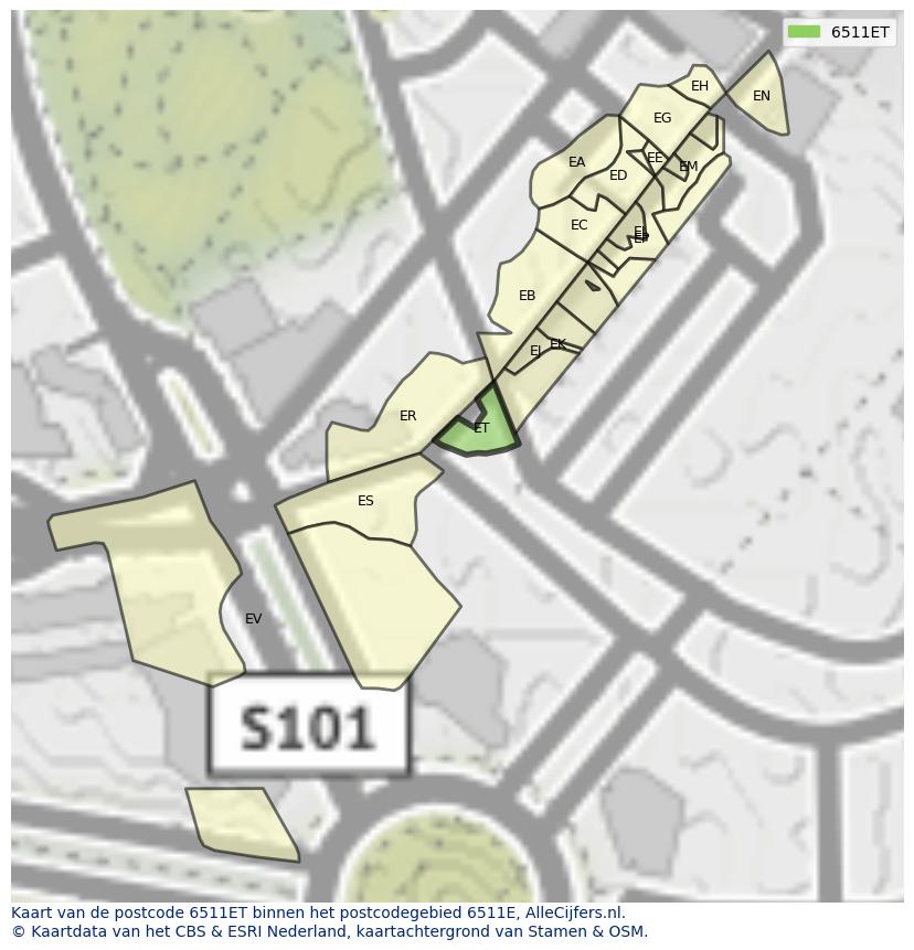 Afbeelding van het postcodegebied 6511 ET op de kaart.