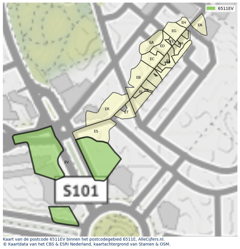 Afbeelding van het postcodegebied 6511 EV op de kaart.