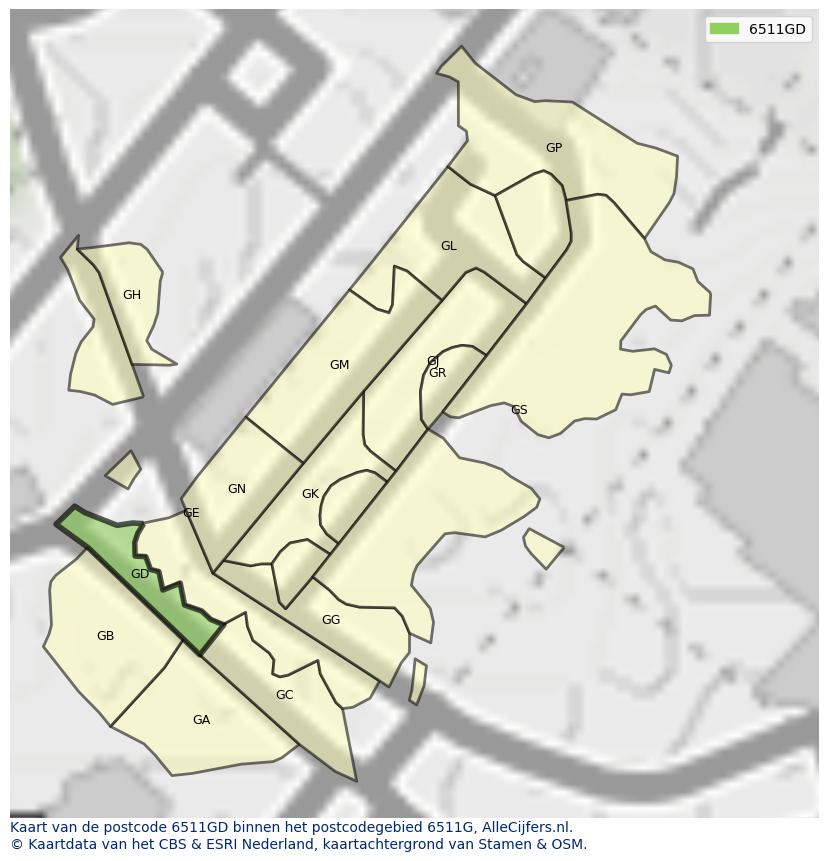 Afbeelding van het postcodegebied 6511 GD op de kaart.
