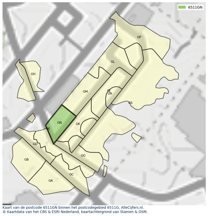Afbeelding van het postcodegebied 6511 GN op de kaart.