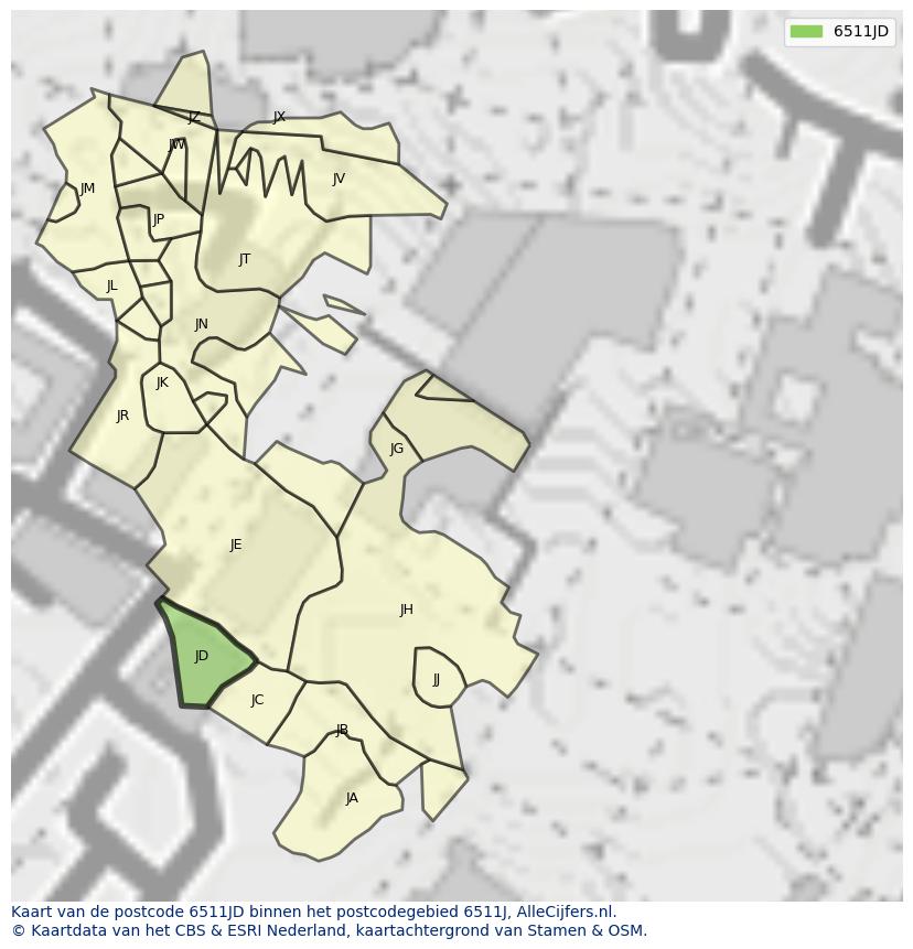 Afbeelding van het postcodegebied 6511 JD op de kaart.