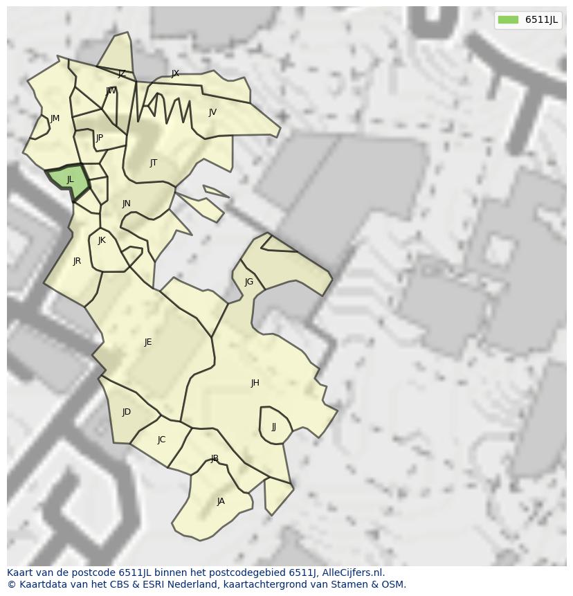 Afbeelding van het postcodegebied 6511 JL op de kaart.