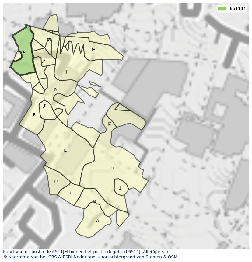 Afbeelding van het postcodegebied 6511 JM op de kaart.