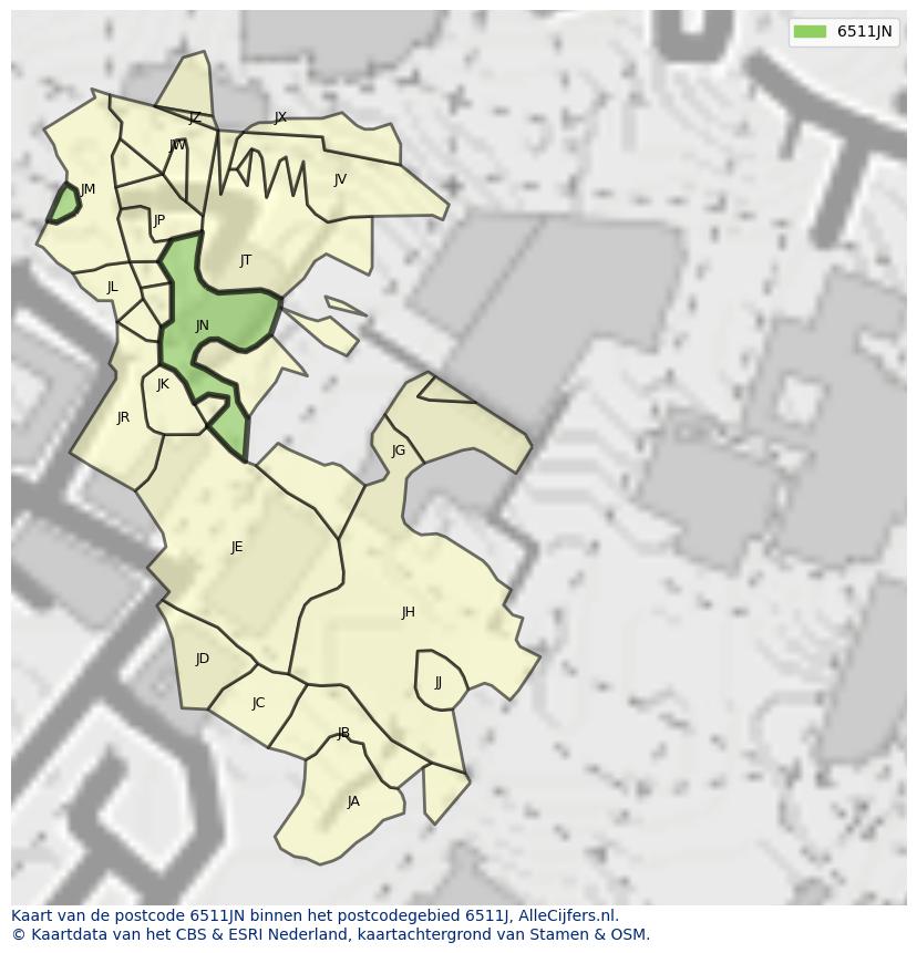 Afbeelding van het postcodegebied 6511 JN op de kaart.