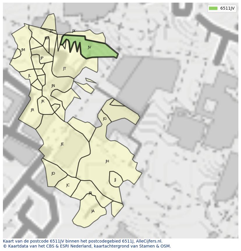 Afbeelding van het postcodegebied 6511 JV op de kaart.