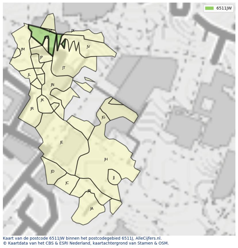 Afbeelding van het postcodegebied 6511 JW op de kaart.
