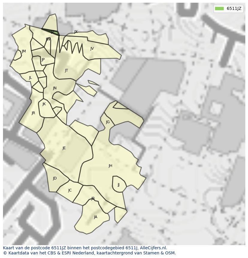 Afbeelding van het postcodegebied 6511 JZ op de kaart.