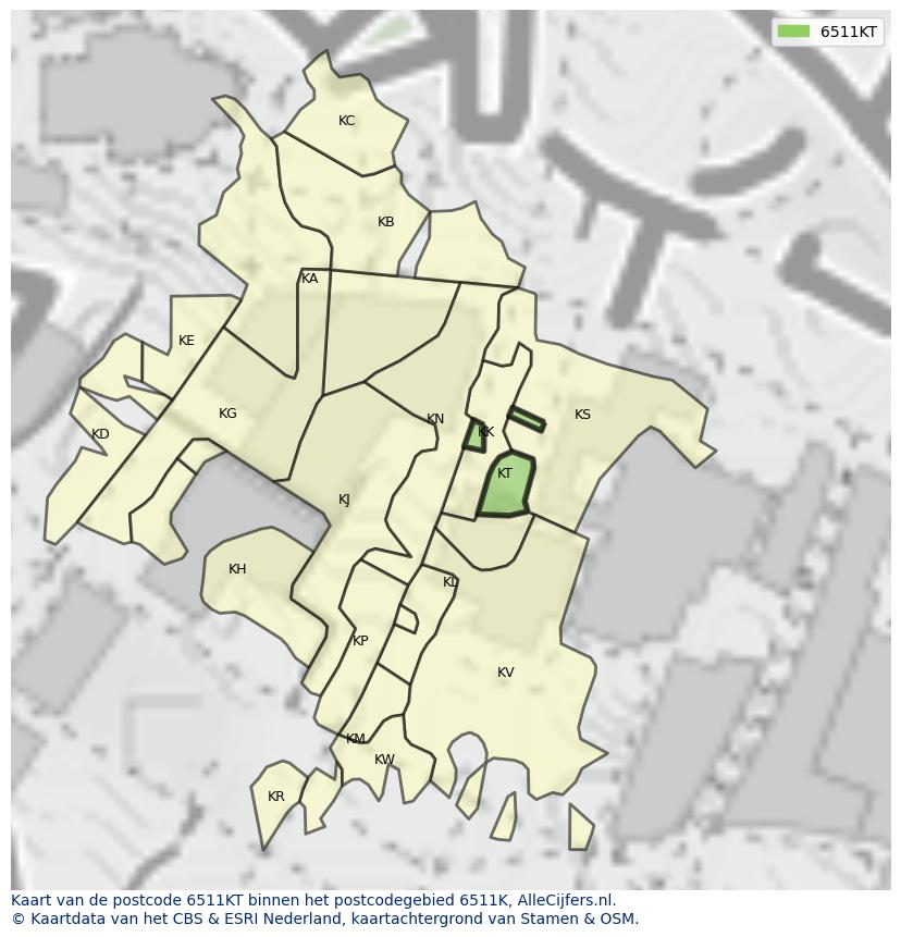 Afbeelding van het postcodegebied 6511 KT op de kaart.