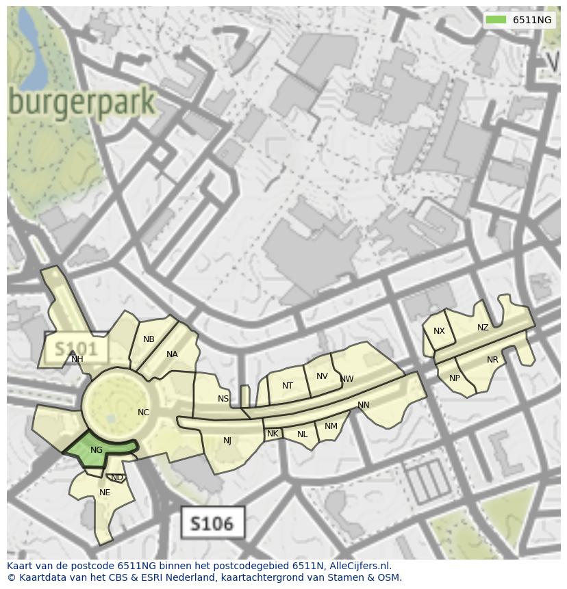 Afbeelding van het postcodegebied 6511 NG op de kaart.