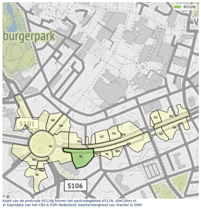 Afbeelding van het postcodegebied 6511 NJ op de kaart.