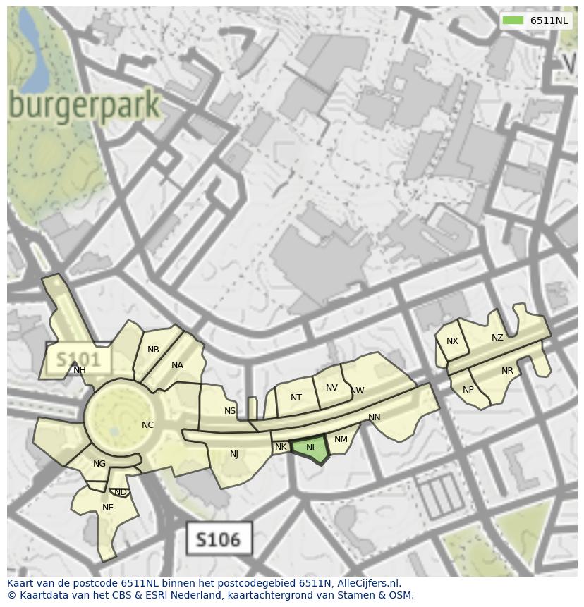 Afbeelding van het postcodegebied 6511 NL op de kaart.