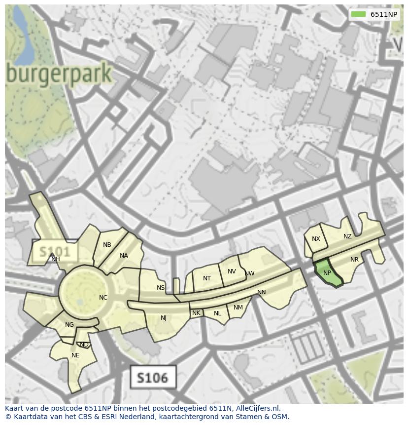 Afbeelding van het postcodegebied 6511 NP op de kaart.