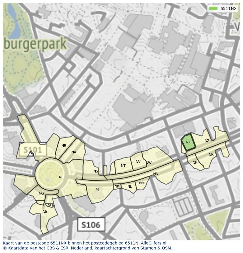 Afbeelding van het postcodegebied 6511 NX op de kaart.