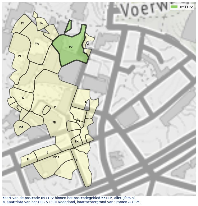 Afbeelding van het postcodegebied 6511 PV op de kaart.