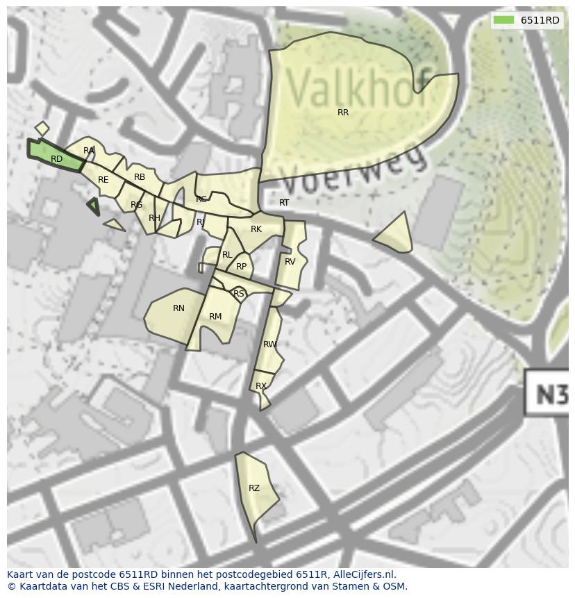 Afbeelding van het postcodegebied 6511 RD op de kaart.