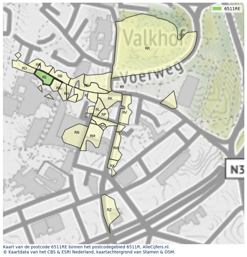 Afbeelding van het postcodegebied 6511 RE op de kaart.