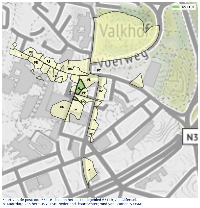 Afbeelding van het postcodegebied 6511 RL op de kaart.