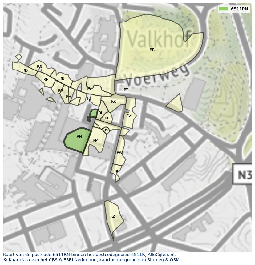 Afbeelding van het postcodegebied 6511 RN op de kaart.