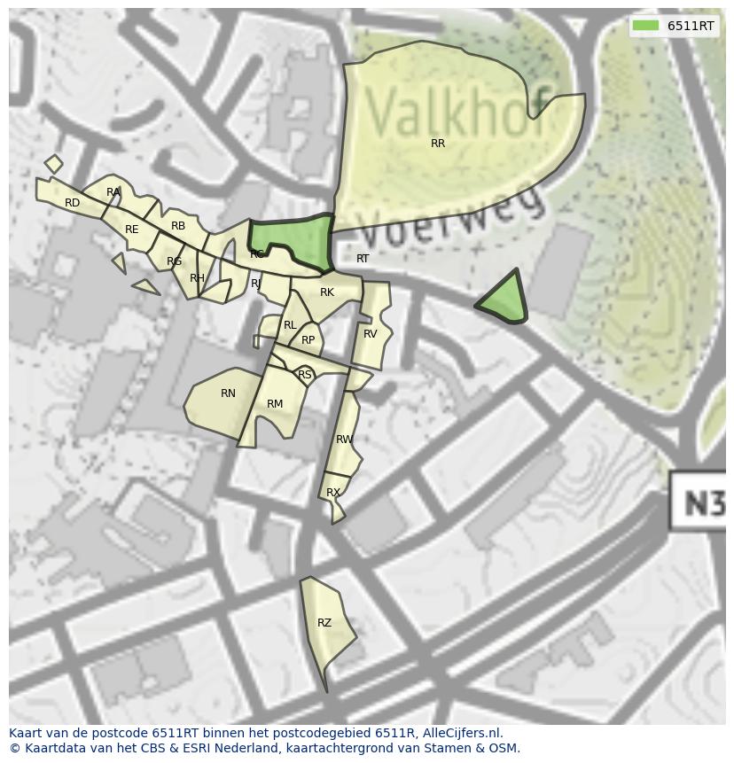 Afbeelding van het postcodegebied 6511 RT op de kaart.