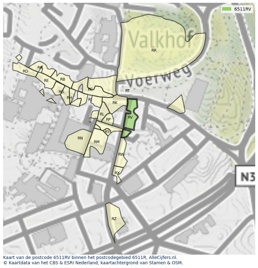 Afbeelding van het postcodegebied 6511 RV op de kaart.