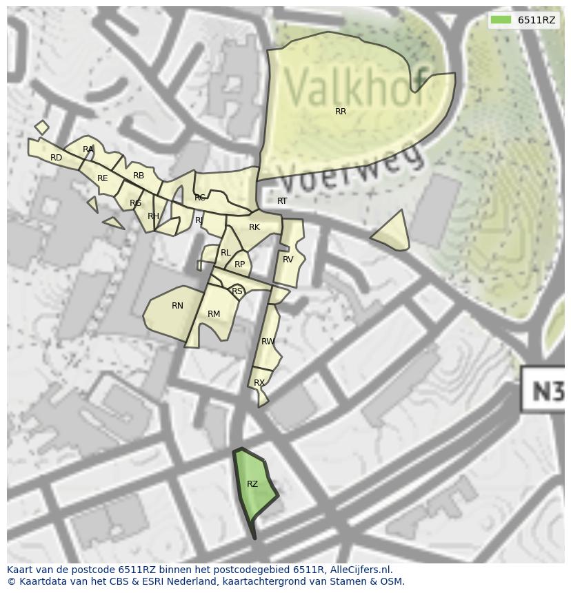 Afbeelding van het postcodegebied 6511 RZ op de kaart.