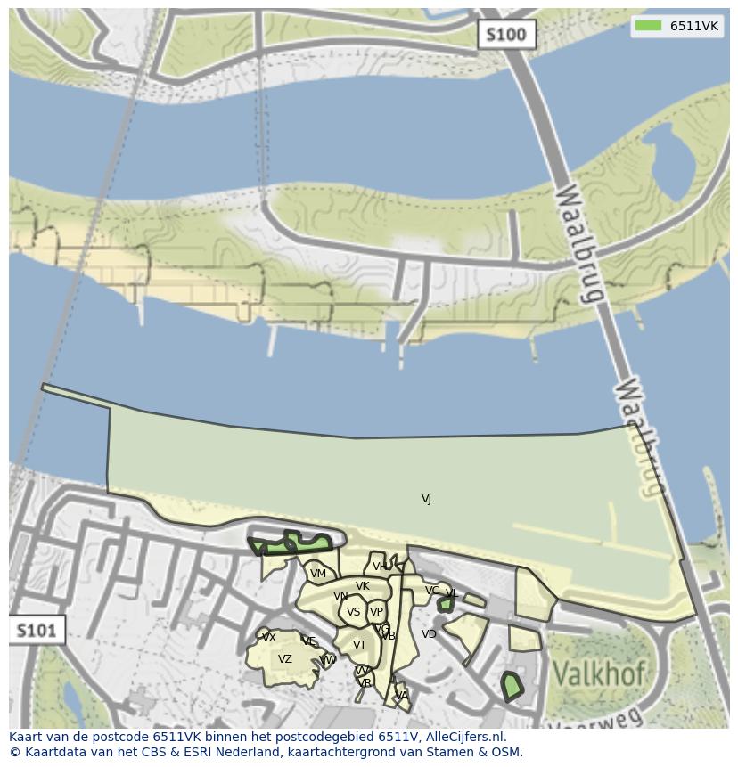 Afbeelding van het postcodegebied 6511 VK op de kaart.
