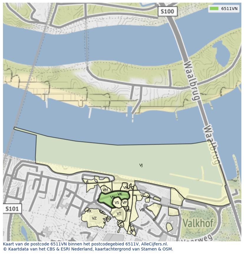 Afbeelding van het postcodegebied 6511 VN op de kaart.