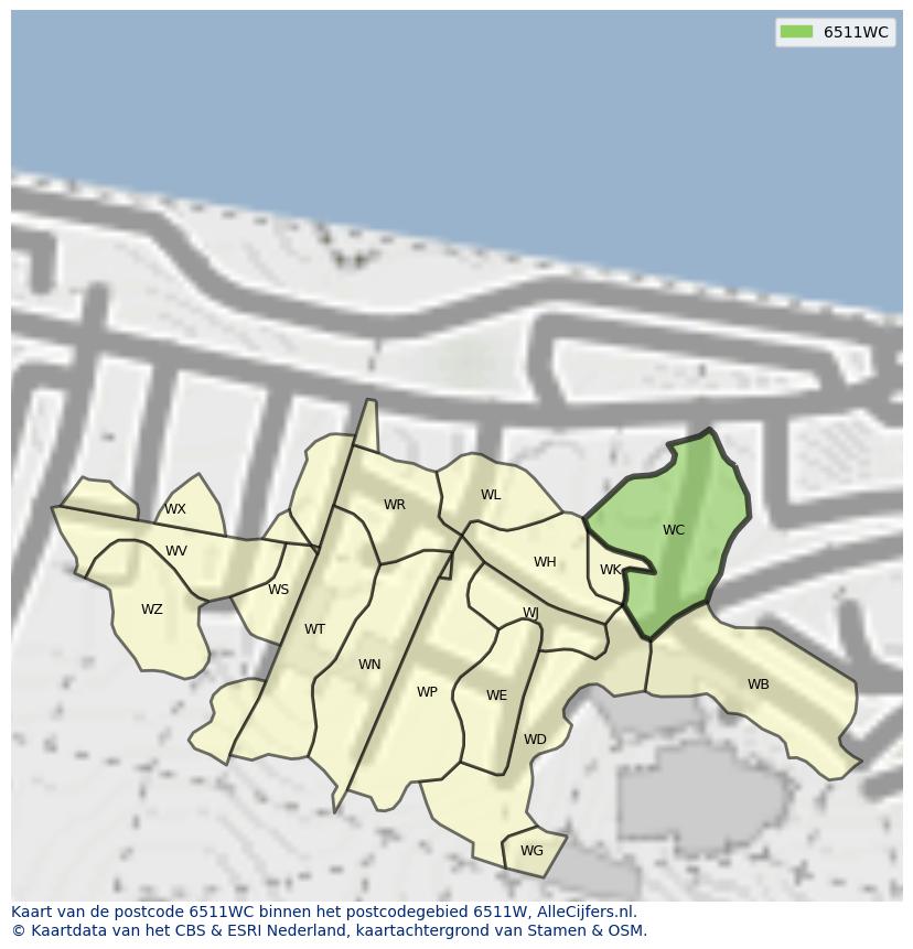 Afbeelding van het postcodegebied 6511 WC op de kaart.