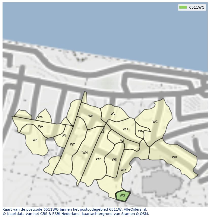 Afbeelding van het postcodegebied 6511 WG op de kaart.