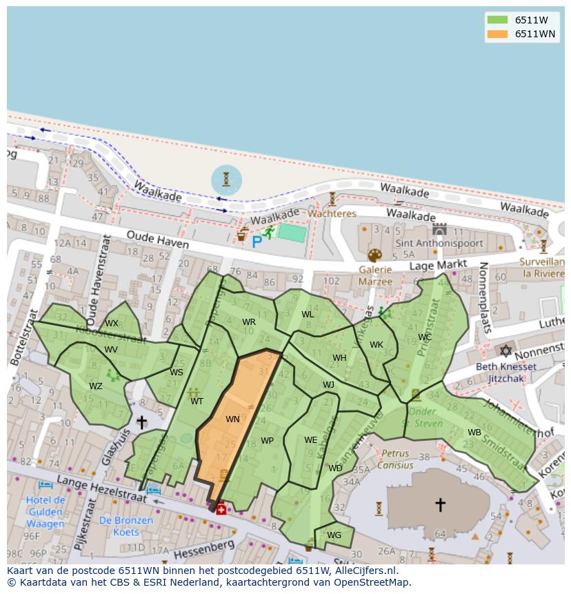 Afbeelding van het postcodegebied 6511 WN op de kaart.