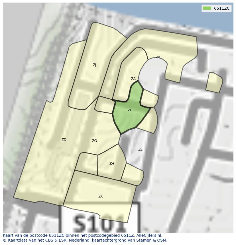 Afbeelding van het postcodegebied 6511 ZC op de kaart.