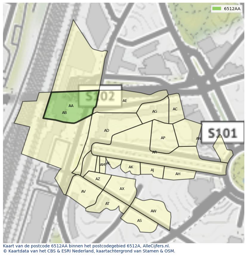 Afbeelding van het postcodegebied 6512 AA op de kaart.
