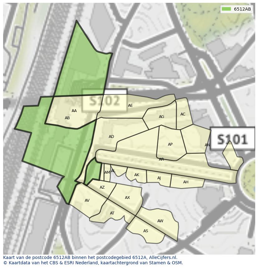 Afbeelding van het postcodegebied 6512 AB op de kaart.