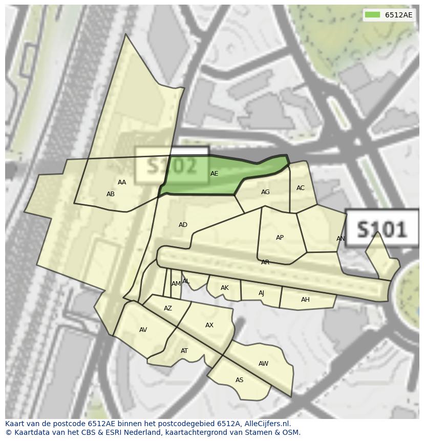 Afbeelding van het postcodegebied 6512 AE op de kaart.